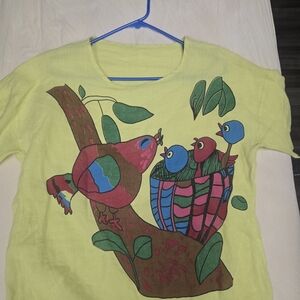 Colorful Bird Print Cotton Single Thread Blouse Shirt